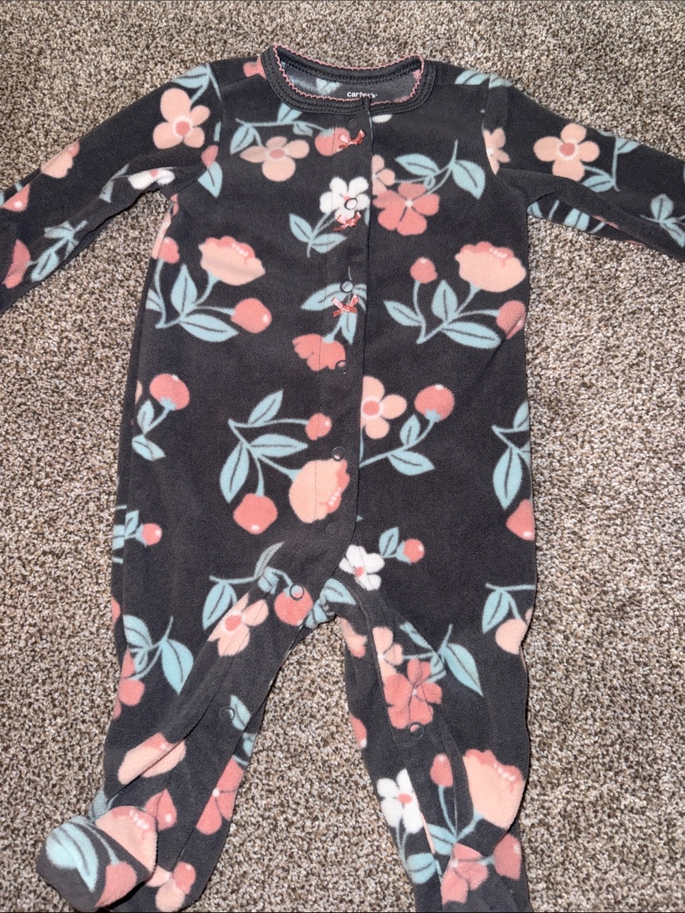 Carter's Black Floral Fleece Footed One-Piece with Coral & Mint Flowers